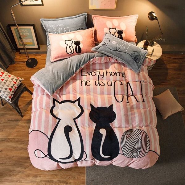 Juego de cama de lujo de franela con dibujos de gato rosa, funda nórdica, tamaño Queen, ropa de cama, Sábana bonita de San Valentín, ropa de cama para niños T200706281L
