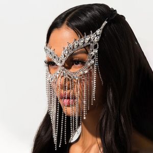 Luxury Belly Dance Rhingestone Long Sild Veil Eyemask Jewelry for Women Crystal Face Masquerade Mask Chain Accessoires