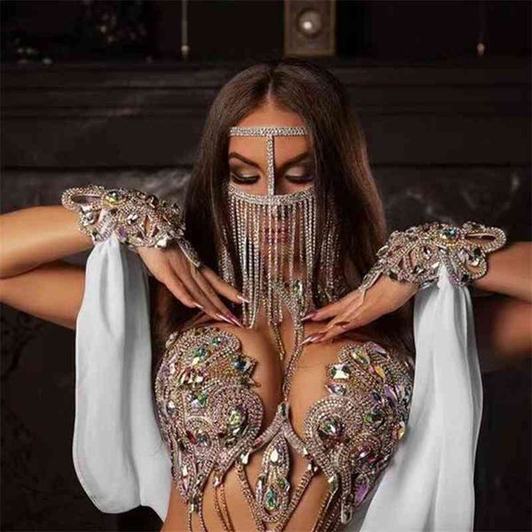 Voile Long à pampilles en strass pour danse du ventre, bijoux de luxe pour femmes, masque de mascarade complet en cristal, accessoires en chaîne