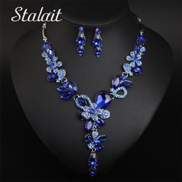 Luxe Grote Blauwe Waterdruppel Bloem Kristal Bruidssieraden Sets Vrouwen Verklaring Goud Kleur Ketting Oorbellen Set Voor Bruiloft 220726