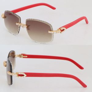 Luxury Big Diamond Set Red Plank Gafas de sol para mujer Vintage Rimless Designer Square Gafas de sol Womans Diamond Cut Lens Moda para hombre en los mismos hombres y mujer Tamaño 60