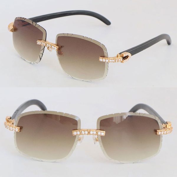 Gafas de sol con montura de diamantes grandes de lujo para hombre, gafas originales con cuerno de búfalo negro sin montura para mujer 8200757, gafas con lentes con corte de diamante, espejo nuevo para hombre y mujer