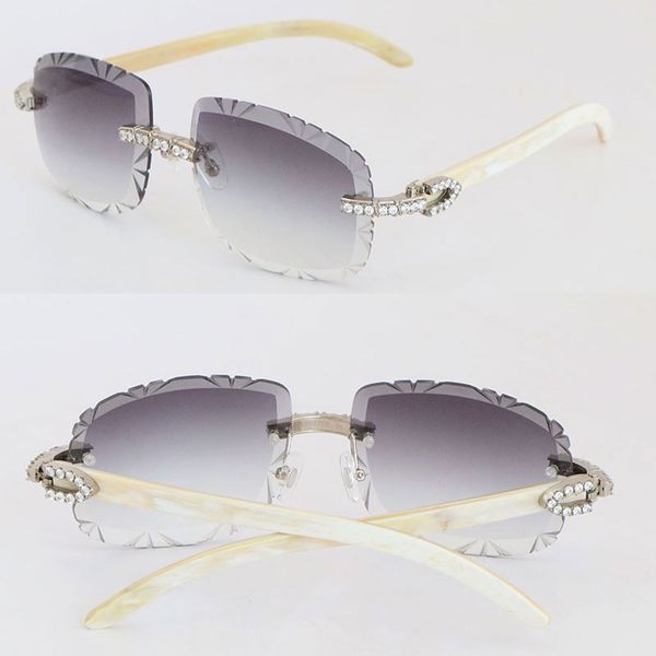 Gafas de sol de lujo Big Diamond Men Original White genuino Cuerno natural Gafas sin borde Mujeres 8200758 Diamante Corte de lentes anteojos