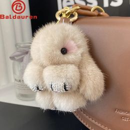 Luxury Big Mink Fur Bunny Fur Pendant Sac Bijoux Chain de clé Plaid Prendant Trumpet Cute Rabbit Children Cartoon Animal Doll 240409