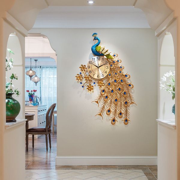 Luxury Big Peacock Mur Clock Home Decor Wall Watch Living Room Clock Mur Mur moderne Entrée Métal Métal Horloges numériques silencieuses