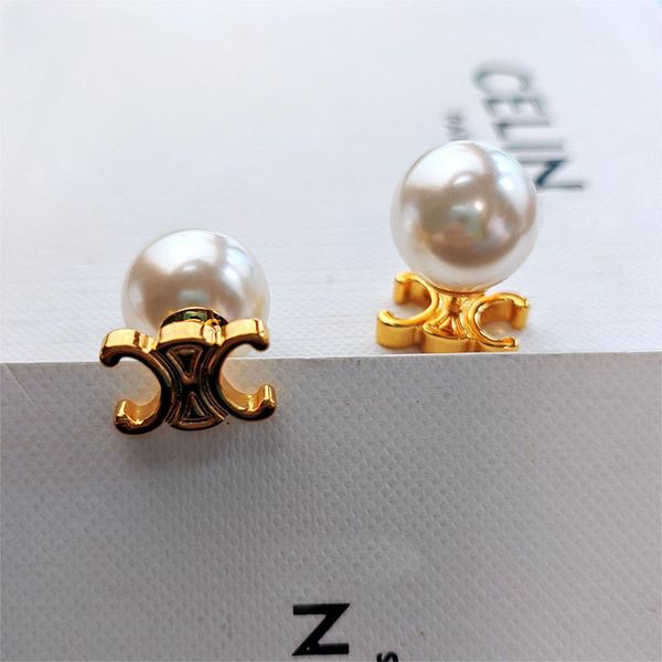 Luxe Big Pearl Celi Marque Lettres Designer Boucles d'oreilles Femmes Goujons en or 18 carats Charme élégant Diamant Double boule latérale Aretes Boucles d'oreilles Boucle d'oreille Anneaux d'oreilles Bijoux de mariage