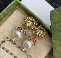 Pendiente de perla grande de lujo con dije de oreja de tigre clásico, pendientes de diamantes de Color Retro, joyería de oreja de fiesta para mujer con Box4296605