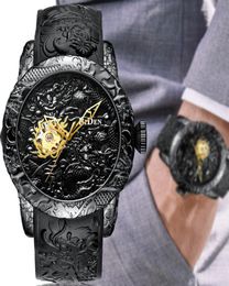 Luxury Black 3D Graved Dragon Automatic Mécanique Mécanique Mentirs Watch Sports pour les hommes Auto-volet Horloge masculine Y194269977