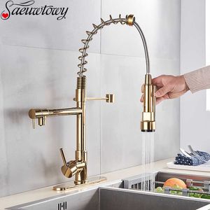 Luxe Zwart en Rose Gold Spring Pull Down Kitchen Kraan en Koud Water Mixer met Dag Mounted Tap 360 Roteren Messing 210719