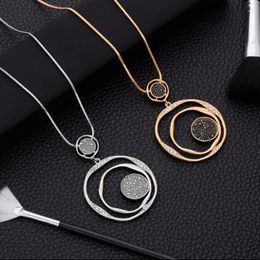 Collier de luxe en cristal noir pour femme, chaîne de pull, couleur or argent, grand pendentif rond, Long collier, bijoux pour femmes