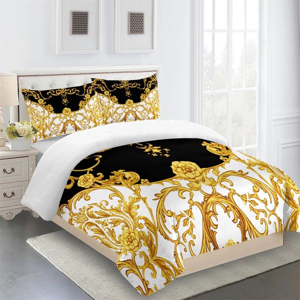 Luxury Black Gold 3pcs Geométrico Queen King Tamaño completo Cubierta de ropa de cama Set de cama de lino 2 Camas de plaza 200x200 240x220 160x200 240416