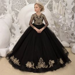 Luxe Zwarte Goud Applicaties Bloemenmeisje Jurken Voor Bruiloft 2024 Prinses Baljurk Pageant Lange Mouwen Eerste Communie Jurken