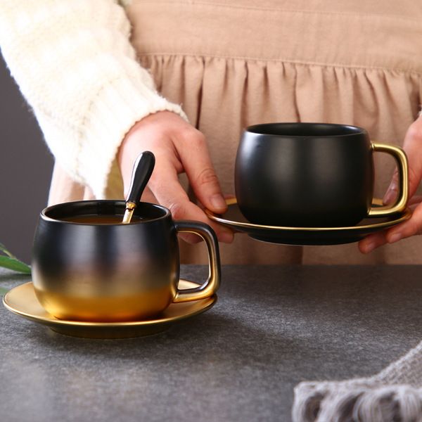 Tasses à café en céramique de marbre d'or noir de luxe tasse à café condensée café petit déjeuner tasses à lait soucoupe costume avec ensemble de cuillère à assiette