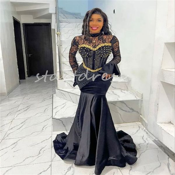 Robe de soirée sirène de luxe en or noir Nigeria Illusion africaine robe de bal en dentelle à manches longues pour filles noires robe en queue de poisson à col haut robe de bal pour fête d'anniversaire