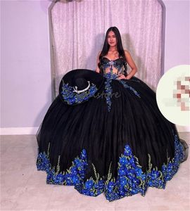 Luxe zwarte Mexicaanse vestidos de 15 quinceanera 2024 liefje gezwollen charro vijftien verjaardag jurk vestidos de xv anos bloemen luxe zoete 16 feestjurken prinses