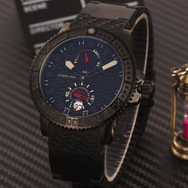 Montres-bracelets de luxe en acier inoxydable PVD noir et lumineux pour hommes, automatiques et mécaniques, en caoutchouc noir, 264I