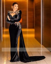 Lujo Terciopelo Negro Sirena Africana Vestidos de Noche Apliques Con Cuentas de Cristal Vestido Formal O Cuello Vestidos de Fiesta de Cumpleaños Vestido de Celebridad Bata