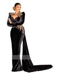Lujo Terciopelo negro Sirena africana Vestidos de noche Apliques Con cuentas Cristal Vestido formal O Cuello Vestidos de fiesta de cumpleaños Vestido de celebridad Robe 0109