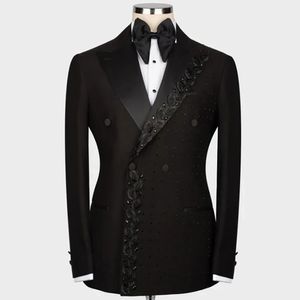 Costumes de mariage noirs de luxe pour hommes Slim Fit Double boutonnage Blazer pantalon 2 pièces marié Tuxedos cristaux perles robe de soirée de bal 240304