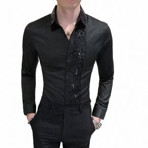 Luxe Zwart Wit Sexy Kant Patchwork Shirt 2023 Fi Mannen Slim Fit Sociale Dr Nachtclubzangeres Party Casual shirts 4XL-M p0i2 #