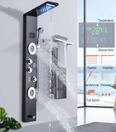 Luxe Blackbushed Badkamer LED Douchepaneel Toren Systeem Wandgemonteerde Mixer Tap Hand Douche Spa Massage Temperatuurscherm890887777