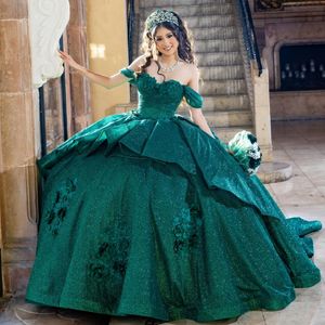 Luxe noirâtre vert Quinceanera robes 2024 Pageant Appliques fleurs chérie balayage train doux 15 16 robe de fête d'anniversaire
