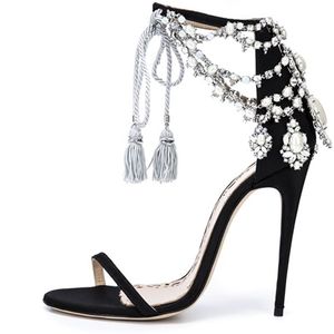Luxe bling kralen kristal sandalen glinsterende drape parels hakken veter-up kwast pumps zwart suede dunne band bruiloft bal stiletto schoenen