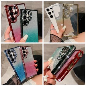 Estuches de lujo con diamantes brillantes para iPhone 15 Plus 14 Pro Max 13 12 11 X XR XS MAX 8 7 Glitter Cromado Degradado Agujero fino Suave TPU Rhinestone Crystal Teléfono móvil Contraportada