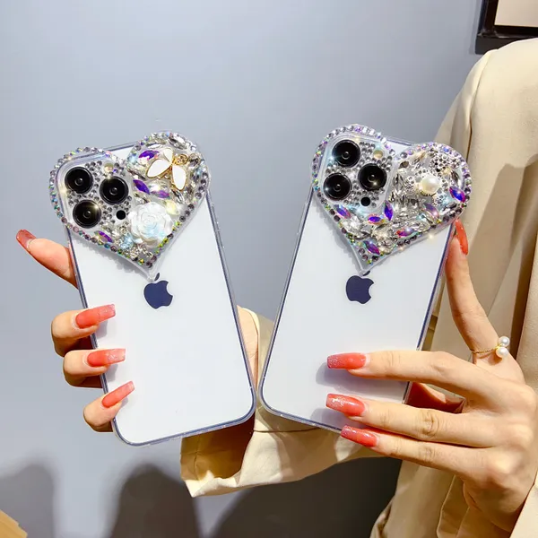 Cajas de diamantes de lujo para iPhone 15 14 Pro Max 15Pro 14Pro 14Plus 13 12 11 XR Moda Shinny Soft Clear TPU Rhinestone Mujeres Teléfono Contraportada