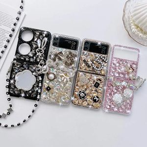 Luxe Bling Diamant Pliant Dur Cas Pour Samsung Galaxy Z Flip 5 4 3 Flip4 ZFlip4 Z Pli 5 4 Strass Miroir 3D Fleur Femmes Téléphone Couverture PC Poche Bandoulière