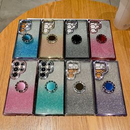 Luxe Bling Diamond Houder Cases Voor Iphone 15 Plus 14 Pro Max 13 12 11 X XR XS MAX 8 7 Gradiënt Glitter Sparkle Verchroomde Metalen Vinger Ring Stand Zachte TPU Strass Cover