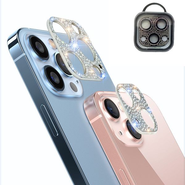 Protecteur de lentille de caméra en métal de luxe Bling Diamond, protecteur en verre trempé brillant brillant coloré résistant aux rayures pour iPhone 14 13 12 Mini 11 Pro Max avec emballage