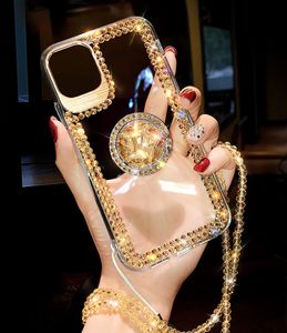 Luxe Bling Diamond Ring Stand Cases Mirror TPU PC + Gratis Strap Case voor iPhone 12 11 Pro Max 8 7 6 6 S Plus SE2