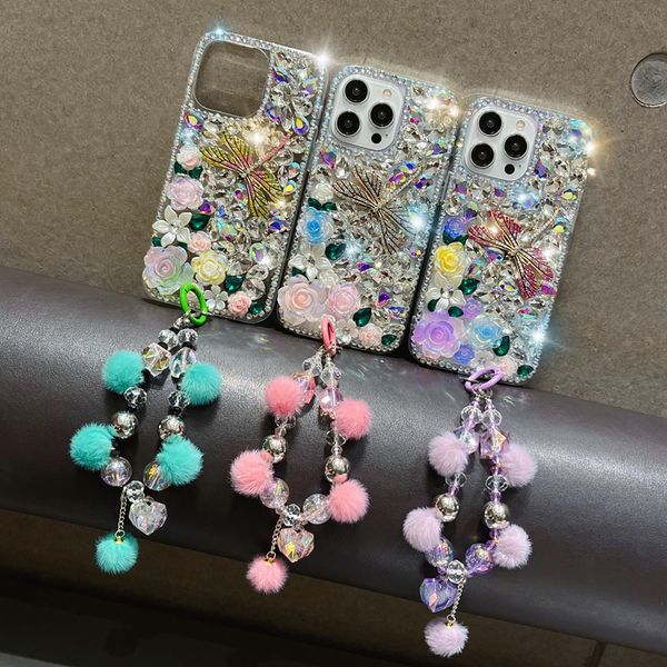 Fundas de lujo Bling Dragonfly para Iphone 15 14 Pro Max 13 12 11 XR XS X 8 7 6 Plus 3D Rhinestone Hard PC Plástico TPU Shinny Diamond Flower Crystal Phone Girls Contraportadas