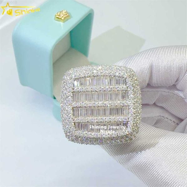 Luxe bling entièrement glacé baguette diamant 925 argent sterling hip hop hommes bague moissanite