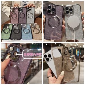 Étuis de téléphone magnétiques de luxe Bling Glitter pour iPhone 15 14 Plus Pro Max 13 12 11 CD Papier scintillant métallique plaqué scintillant TPU souple TPU à trou fin Protecteur d'objectif d'appareil photo