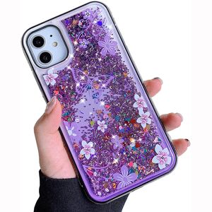 Luxe Bling Glitter Sparkle Cases Liquid Snelstaand Drijvende Vlinder Bloem Diamant Bumper TPU PC Schokbestendig Cover voor iPhone 13 Mini 12 11 PRO XR XS MAX X 8 7 Plus SE2