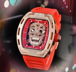 Luxe Bling Hip Hop Plein Glacé Montre 43mm Quartz Crâne Creux Diamants Squelette Montres Hommes Semaine Ceinture En Caoutchouc Orologio Di Lusso Cadeaux Montre-Bracelet