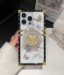 Luxe Bling Laser Vlinder Diamanten Ring Standhouder Vierkante Doos Koffers Kofferbak Metalen Decoratie Hoek Voor iPhone 15 14 13 12 11 Pro Max Samsung S23 FE S24 Plus Ultra A15