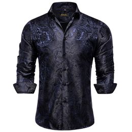 Luxury Blue Black Paisley Silk Shirts for Men Long Manches Prom Prom Prom Tuxedo Shirt Casual Designer Vêtements 240430
