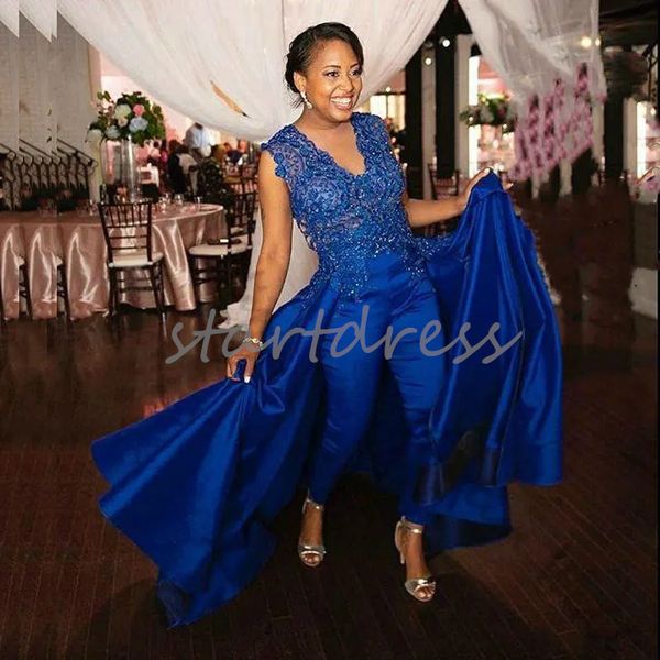 Combinaison bleue de luxe robe de bal avec surjupe élégante dentelle perlée robe de soirée pour filles noires africaines grande taille pantalon costume tenue robe d'anniversaire formelle col en V fête