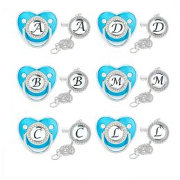 Clips de chaîne de sucette bleu de luxe avec couvercle nom lettre initiale porte-tétine en Silicone sucettes personnalisées fête de bébé nouveau-né