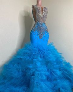 Luxe blauwe prom -jurk 2024CBLACK Girl Sparkly Mermaid Diamond kristal Ruches Train Formele verjaardagsavond Gala -jurk Robe de Soiree