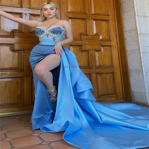 Vestido de fiesta azul de lujo con cuentas de cristal Vestidos de noche de sirena de talla grande Vestido de cumpleaños para ocasiones de tren de corte de novia 2024 Magníficos vestidos formales para mujeres