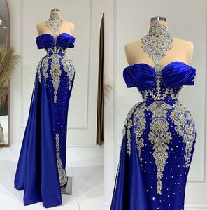 Luxe blauw prom -jurken Strijntestonen kralen feestjurken pure nek split op maat gemaakte avondjurk