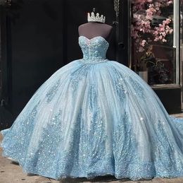 Luxe Blauwe Pailletten Vestidos De 15 Anos Quinceanera Jurken Voor Debuut Sparkly Sweetheart Lace Sweet 16 Prom Pageant Partij jassen