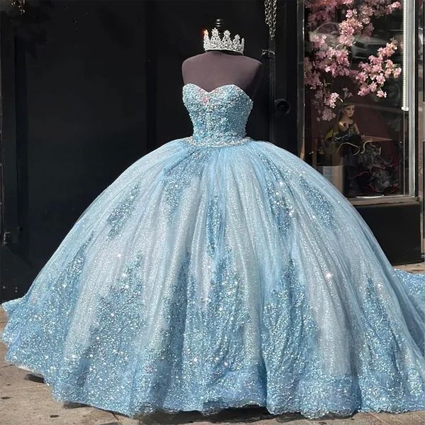 Luxe bleu paillettes robes De 15 Anos Quinceanera robes pour débuts brillant chérie dentelle douce 16 bal Pageant robes de soirée