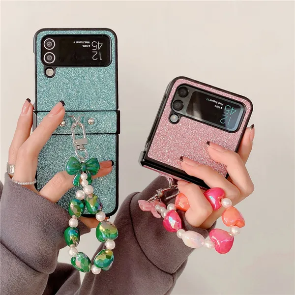 Pulsera de lujo Sparkle Vogue Phone Case para Samsung Galaxy Folding Z Flip3 Flip4 5G Durable Glitter Leather Fold Shell con protección de bisagra a prueba de golpes