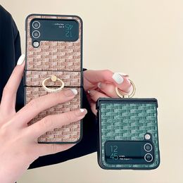 Luxe Gevlochten Patroon Leer Vogue voor Samsung Galaxy Vouwen Z Flip3 Flip4 Flip5 5G Duurzame Vinger Ring Houder Geweven Graan Kickstand Vouw Shell Schokbestendig