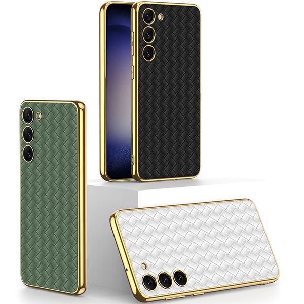 Estuche para teléfono Vogue de cuero con patrón trenzado de lujo para Samsung Galaxy S23 Ultra Durable Ultra Thin Plating Protección completa Soft Bumper Solid Woven Business Back Cover